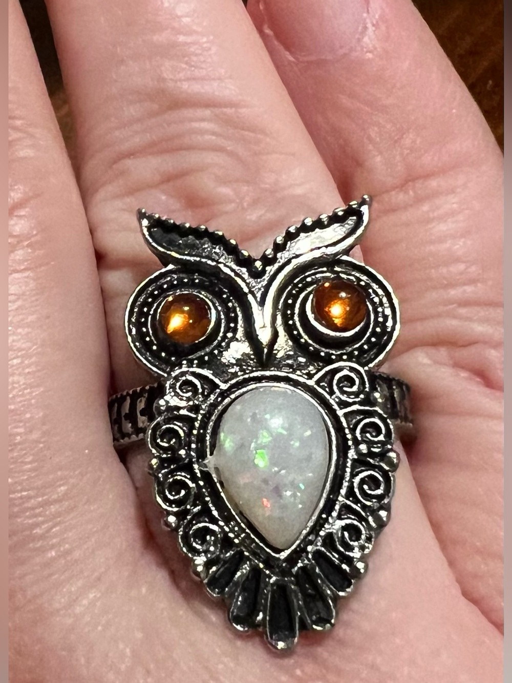 925 Silver Opal Owl Ring Boho Statement Piece